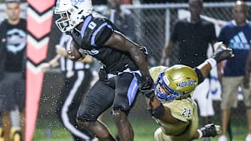 Jaylen Hayward of Rockledge shakes the tackle of Osceola tackler Elijah Melendez doing their game Friday, September 23, 2022. Craig Bailey/FLORIDA TODAY via USA TODAY NETWORK

High School Football Osceola Kowboys At Rockledge Raiders