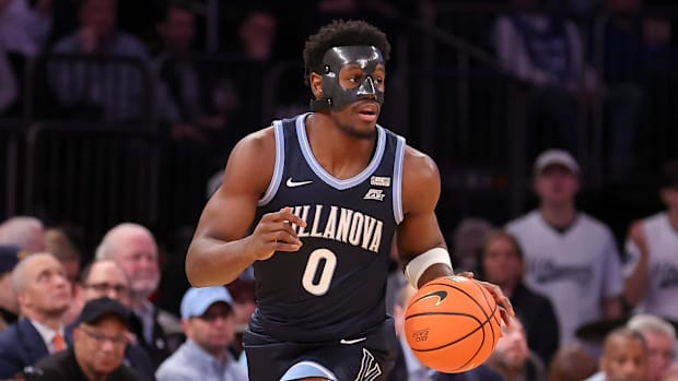 Mar 14, 2024; New York City, NY, USA; Villanova Wildcats guard TJ Bamba (0) brings the ball up court