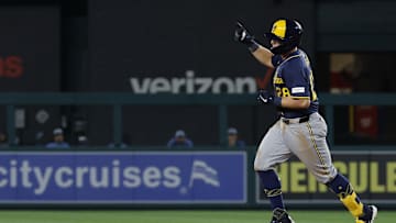 Aug 1, 2025; Washington, District of Columbia, USA; Milwaukee Brewers first baseman Andrew Vaughn (28) celebrates while rounding the bases after hitting a two run home run against the Washington Nationals during the eighth inning at Nationals Park. Mandatory Credit: Geoff Burke-Imagn Images