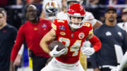 Feb 11, 2024; Paradise, Nevada, USA; Kansas City Chiefs wide receiver Justin Watson (84) against the San Francisco 49ers in Super Bowl LVIII at Allegiant Stadium. Mandatory Credit: Mark J. Rebilas-USA TODAY Sports