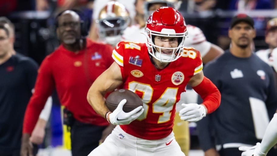 Feb 11, 2024; Paradise, Nevada, USA; Kansas City Chiefs wide receiver Justin Watson (84) against the San Francisco 49ers in Super Bowl LVIII at Allegiant Stadium. Mandatory Credit: Mark J. Rebilas-USA TODAY Sports | Mark J. Rebilas-USA TODAY Sports