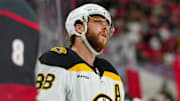 Boston Bruins right wing David Pastrnak looks up against the Carolina Hurricanes.