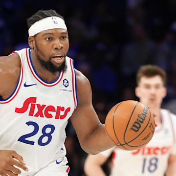Apr 3, 2025; Philadelphia, Pennsylvania, USA; Philadelphia 76ers forward Guerschon Yabusele (28) controls the ball against the Milwaukee Bucks in the fourth quarter at Wells Fargo Center. Mandatory Credit: Kyle Ross-Imagn Images