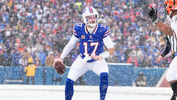 Dec 7, 2025; Orchard Park, New York, USA; Buffalo Bills quarterback Josh Allen (17) looks to throw the ball in the second quarter against the Cincinnati Bengals at Highmark Stadium.