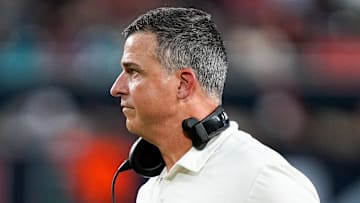 Nov 8, 2025; Miami Gardens, Florida, USA; Miami Hurricanes head coach Mario Cristobal gives his team instructions against the Syracuse Orange during the third quarter at Hard Rock Stadium. Mandatory Credit: Jeff Romance-Imagn Images