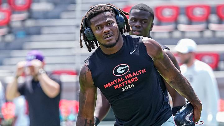 Sep 5, 2026; Athens, Georgia, USA; Georgia Bulldogs linebacker Raylen Wilson (5) stretches before the game against the Tennessee State Tigers at Sanford Stadium. Mandatory Credit: Dale Zanine-Imagn Images