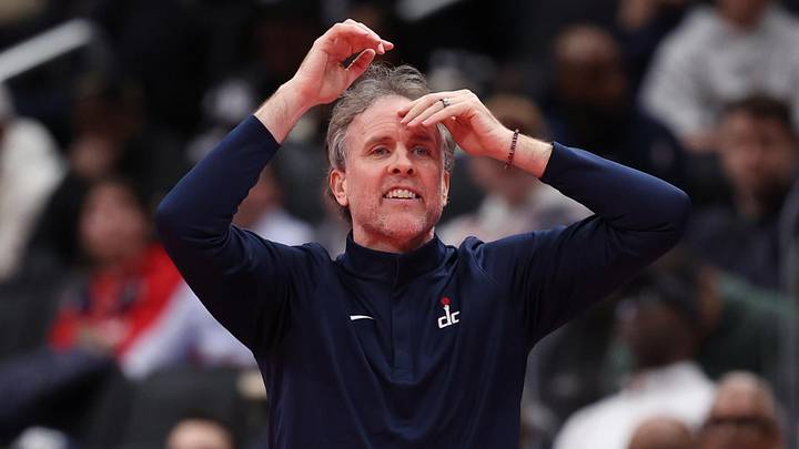 Nov 25, 2025; Washington, District of Columbia, USA; Washington Wizards head coach Brian Keefe gestures from the bench against the Atlanta Hawks in the first half at Capital One Arena. Mandatory Credit: Geoff Burke-Imagn Images