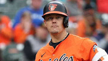 Apr 12, 2025; Baltimore, Maryland, USA; Baltimore Orioles first base Ryan Mountcastle (6) strikes out during the fifth inning against the Toronto Blue Jays at Oriole Park at Camden Yards. Mandatory Credit: Daniel Kucin Jr.-Imagn Images