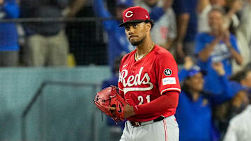 Cincinnati Reds starting pitcher Hunter Greene (21) reacts on the mound after giving up his third home run of the game in the third inning of the MLB National League Wild Card Game 1 between the Los Angeles Dodgers and the Cincinnati Reds at Dodger Stadium in Los Angeles on Tuesday, Sept. 30, 2025. The Dodgers won game 1 of the series, 10-5.
