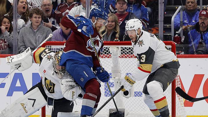 May 20, 2026; Denver, Colorado, USA; Vegas Golden Knights goaltender Carter Hart (79) and defenseman Brayden McNabb (3) defend Colorado Avalanche left wing Gabriel Landeskog (92) during the first period in game one of the Western Conference Final of the 2026 Stanley Cup Playoffs at Ball Arena. Mandatory Credit: Isaiah J. Downing-Imagn Images