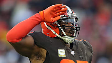 Cleveland Browns defensive end Myles Garrett celebrates after sacking Tampa Bay Buccaneers quarterback Tom Brady during the second half at FirstEnergy Stadium, Sunday, Nov. 27, 2022, in Cleveland.
