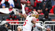 Nov 30, 2025; Cleveland, Ohio, USA;  San Francisco 49ers wide receiver Jauan Jennings (15) warms up before the game against the Cleveland Browns at Huntington Bank Field. Mandatory Credit: Scott Galvin-Imagn Images
