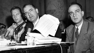 Senator Joseph McCarthy (center) and Roy Cohn (right) during the Army-McCarthy Hearings in June 1954.