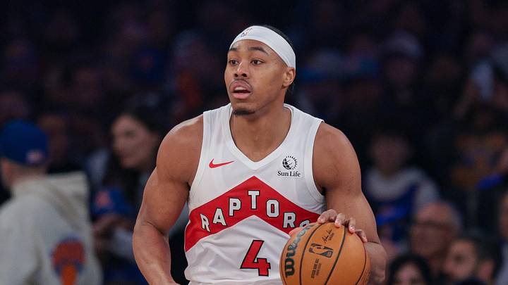 Apr 10, 2026; New York, New York, USA; Toronto Raptors forward Scottie Barnes (4) dribbles up court against the New York Knicks during the first quarter at Madison Square Garden. Mandatory Credit: Vincent Carchietta-Imagn Images 