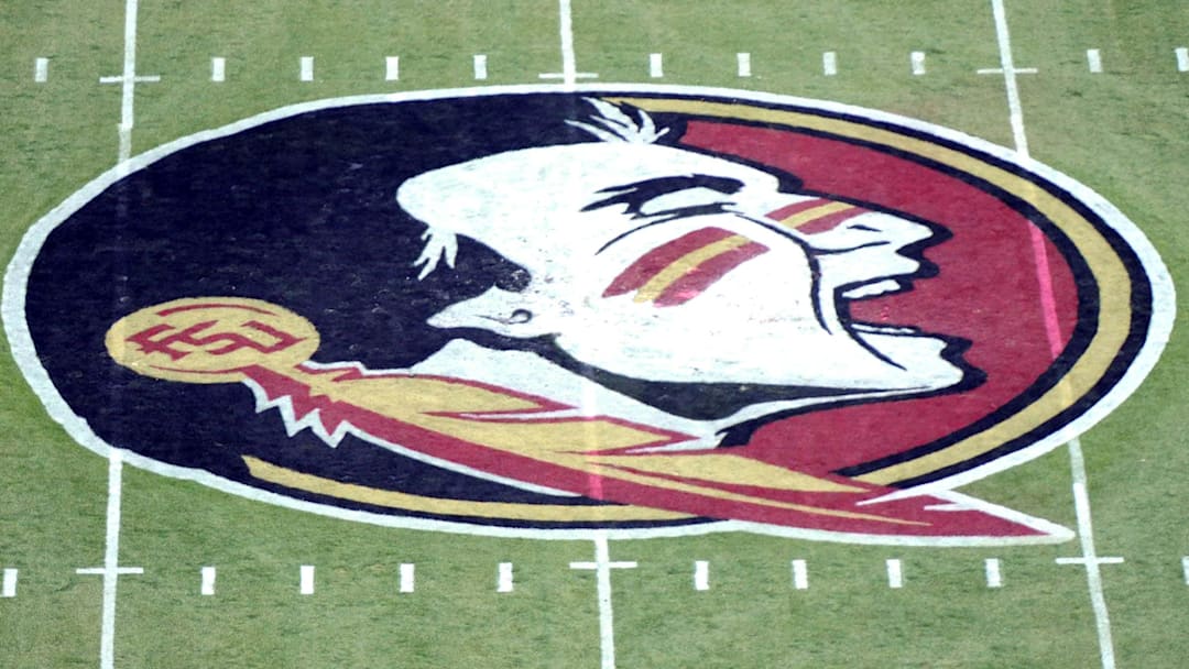 Apr 12, 2014; Tallahassee, FL, USA; The Florida State Seminoles logo before the start of the spring game at Doak Campbell Stadium.
