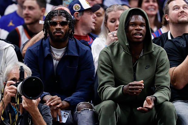 Oct 24, 2023; Denver, Colorado, USA; University of Colorado Buffaloes football players Shedeur Sanders (L) and Travis Hunter 