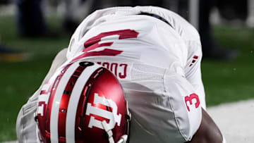 Indiana Hoosiers wide receiver Omar Cooper Jr. (3) scores a touchdown during the second half of a game between the Indiana Hoosiers and the Notre Dame Fighting Irish in first round of the College Football Playoff on Saturday, Dec. 21, 2024, in South Bend. Notre Dame defeated Indiana 27-17.