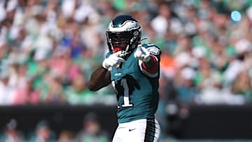 Oct 5, 2025; Philadelphia, Pennsylvania, USA;  Philadelphia Eagles wide receiver A.J. Brown (11) reacts after a catch against the Denver Broncos in the second quarter at Lincoln Financial Field. Mandatory Credit: Bill Streicher-Imagn Images