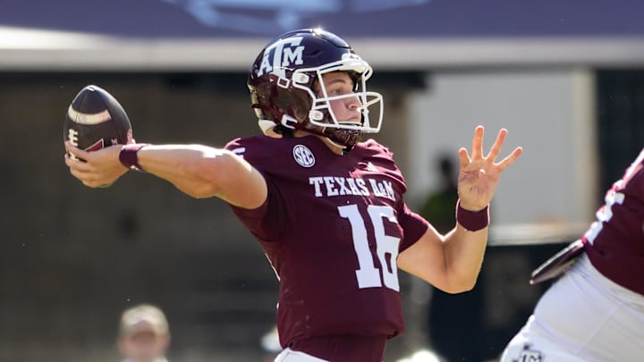 Nov 22, 2025; College Station, Texas, USA; Texas A&M Aggies quarterback Miles O'Neill (16) attempts a pass in the first half of a game against the Samford Bulldogs at Kyle Field. Mandatory Credit: Joseph Buvid-Imagn Images