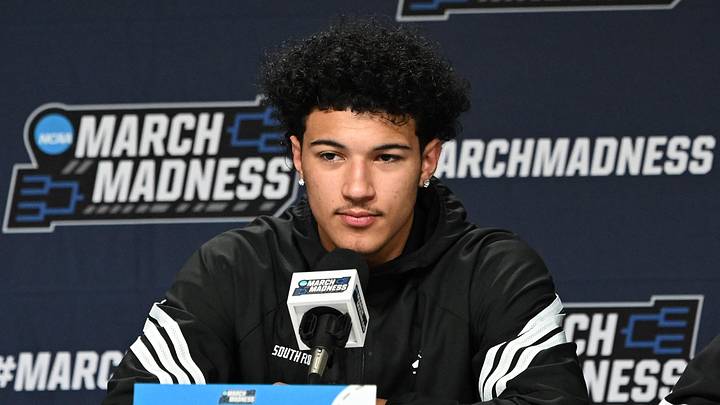 Mar 18, 2026; Buffalo, NY, USA; South Florida Bulls guard Wes Enis (2) speaks to the media before a practice session ahead of the first round of the men's 2026 NCAA Tournament at KeyBank Center. Mandatory Credit: Mark Konezny-Imagn Images