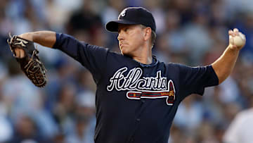 Jun 10, 2008; Chicago, IL, USA; Atlanta Braves starting pitcher Tom Glavine (47) delivers a pitch during the second inning against the Chicago Cubs at Wrigley Field.  Mandatory Credit: Jerry Lai-Imagn Images