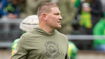 Oregon defensive coordinator Tosh Lupoi walks the field during the Oregon Ducks’ Spring Game Saturday, April 27. 2024 at Autzen Stadium in Eugene, Ore.