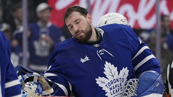 Toronto Maple Leafs goaltender Anthony Stolarz reacts after being hit by Florida Panthers forward Sam Bennett.