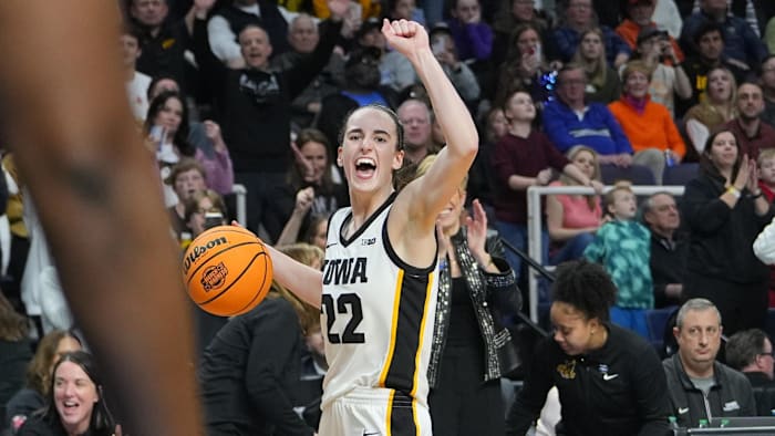 Apr 1, 2024; Albany, NY, USA; Iowa Hawkeyes guard Caitlin Clark (22) celebrates after defeating the