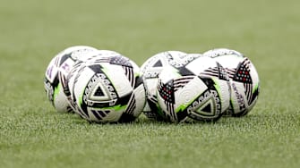 Aug 17, 2024; Columbus, Ohio, USA; Soccer balls on the field during warm ups before the game between the Columbus Crew and the New York City FC at Lower.com Field. 