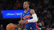 Oct 11, 2024; Phoenix, Arizona, USA; Detroit Pistons guard Daniss Jenkins (24) dribbles against the Phoenix Suns during the second half at Footprint Center. Mandatory Credit: Joe Camporeale-Imagn Images