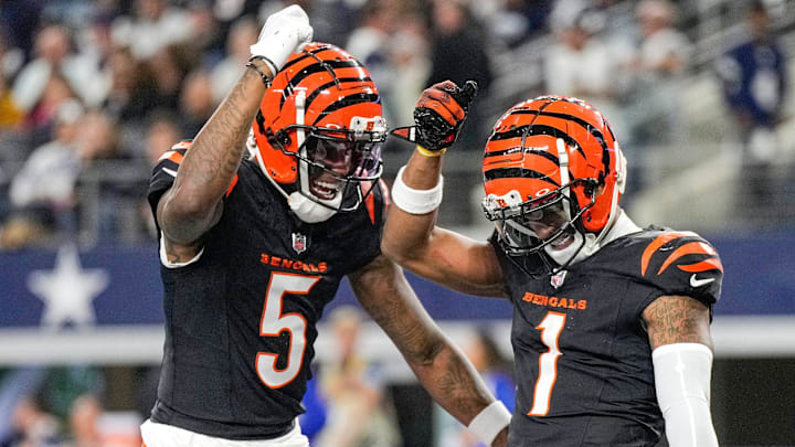 Higgins and Chase celebrate a Bengals touchdown.