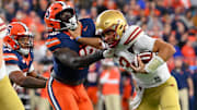 Nov 29, 2025; Syracuse, New York, USA; Boston College Eagles quarterback Grayson James (3) stiff arms Syracuse Orange linebacker David Omopariola (18) during the first half at the JMA Wireless Dome. Mandatory Credit: Rich Barnes-Imagn Images