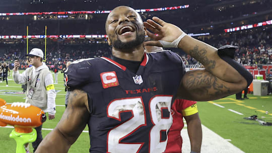 Jan 11, 2025; Houston, Texas, USA; Houston Texans running back Joe Mixon (28) reacts after the game against the Los Angeles Chargers in an AFC wild card game at NRG Stadium. Mandatory Credit: Troy Taormina-Imagn Images
