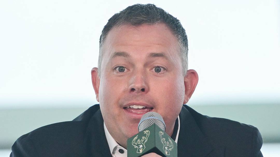 Milwaukee Bucks general manager Jon Horst speaks at a press conference at Milwaukee Art Museum on May 6, 2026.