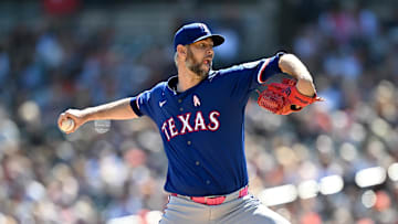 May 11, 2025; Detroit, Michigan, USA; Texas Rangers pitcher Chris Martin (55) throws a pitch against the Detroit Tigers in the eighth inning at Comerica Park. 