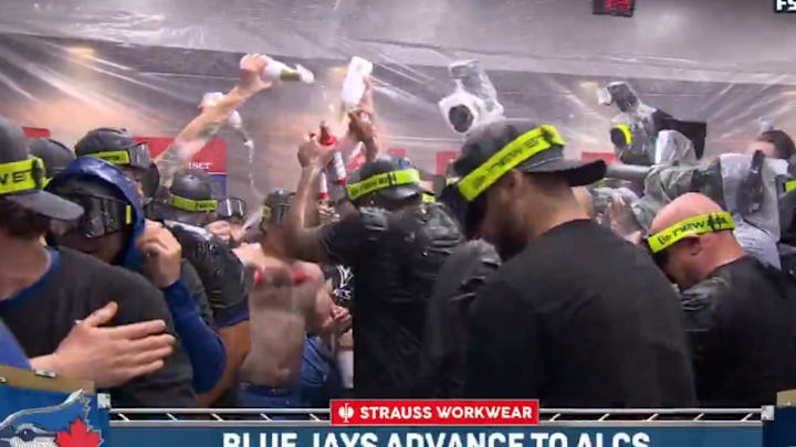 Blue Jays celebrated their ALDS win over the Yankees by spraying champagne to the sounds of Frank Sinatra. 