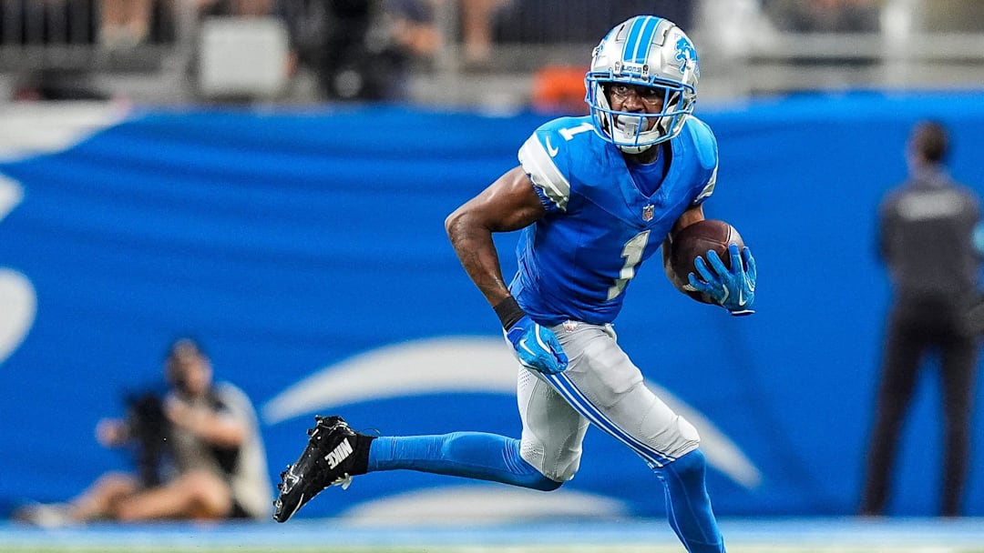 Detroit Lions wide receiver Maurice Alexander (1) runs after makes a catch against Pittsburgh Steelers during the second half of a preseason game at Ford Field in Detroit on Saturday, August 24, 2024.