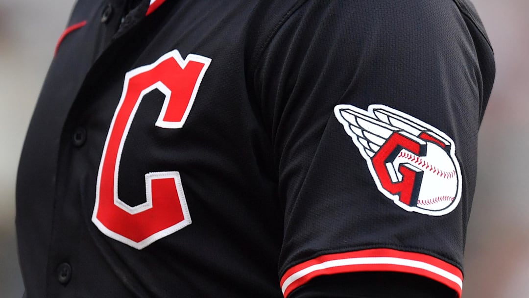 Jul 12, 2025; Chicago, Illinois, USA; A general stock view of the Cleveland Guardians logo is seen during a game against the Chicago White Sox at Rate Field. Mandatory Credit: Patrick Gorski-Imagn Images