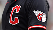 Jul 12, 2025; Chicago, Illinois, USA; A general stock view of the Cleveland Guardians logo is seen during a game against the Chicago White Sox at Rate Field. Mandatory Credit: Patrick Gorski-Imagn Images