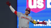 Cincinnati Reds third baseman Noelvi Marte (16) celebrates his two-run ground-rule double against the Minnesota Twins in the fourth inning at Target Field in 2024.