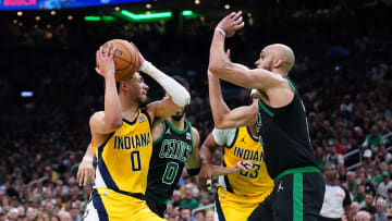 May 23, 2024; Boston, Massachusetts, USA; Indiana Pacers guard Tyrese Haliburton (0) attempts to shoot the ball against the Boston Celtics in the second half during game two of the eastern conference finals for the 2024 NBA playoffs at TD Garden. Mandatory Credit: David Butler II-USA TODAY Sports