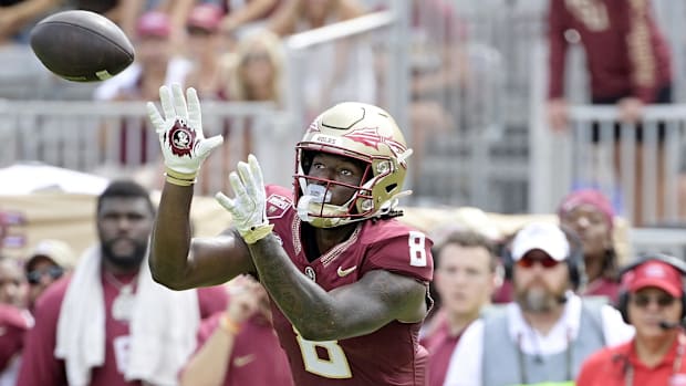 Sep 14, 2024; Tallahassee, Florida, USA; Florida State Seminoles wide receiver Hykeem Williams (8) catches the ball against t