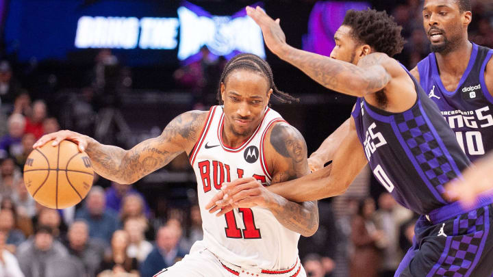 Mar 4, 2024; Sacramento, California, USA; Chicago Bulls forward DeMar DeRozan (11) drives to the basket against the Sacramento Kings during the fourth quarter at Golden 1 Center. Mandatory Credit: Ed Szczepanski-USA TODAY Sports