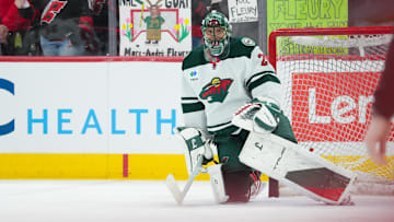 Jan 4, 2025; Raleigh, North Carolina, USA;  Minnesota Wild goaltender Marc-Andre Fleury (29) looks during the warmups before the game against the Carolina Hurricanes at Lenovo Center. Mandatory Credit: James Guillory-Imagn Images