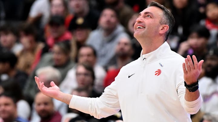 Dec 29, 2024; Toronto, Ontario, CAN;  Toronto Raptors head coach Darko Rajakovic reacts to a foul call in the second half against the Atlanta Hawks at Scotiabank Arena. Mandatory Credit: Dan Hamilton-Imagn Images
