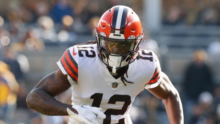 Jan 8, 2023; Pittsburgh, Pennsylvania, USA;  Cleveland Browns wide receiver Michael Woods II (12) against the Pittsburgh Steelers during the second quarter at Acrisure Stadium. Mandatory Credit: Charles LeClaire-USA TODAY Sports