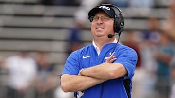 Sep 28, 2024; East Hartford, Connecticut, USA; Buffalo Bulls head coach Pete Lembo watches from the sideline as they take on the Connecticut Huskies at Rentschler Field at Pratt & Whitney Stadium. Mandatory Credit: David Butler II-Imagn Images