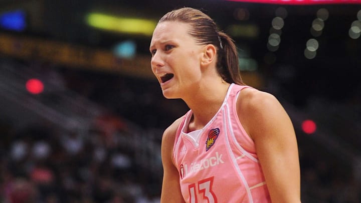 Aug 8, 2010; Phoenix, AZ, USA; Phoenix Mercury forward Penny Taylor reacts to a call during the second half against the Indiana Fever at US Airways Center.  The Fever defeated the Mercury 104-82.  Mandatory Credit: Jennifer Stewart-Imagn Images