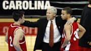 Mar 21, 2008; Raleigh, NC, USA; Davidson Wildcats head coach Bob McKillop talks to guards Stephen Curry (30) and Jason Richards (2) during the Wildcats 82-76 victory against the Gonzaga Bulldogs in the 1st round of the 2008 NCAA Mens Basketball Tournament the RBC Center.