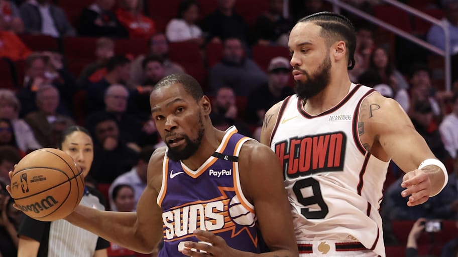 Kevin Durant and Dillon Brooks in a Suns-Rockets game this season. | Thomas Shea-Imagn Images